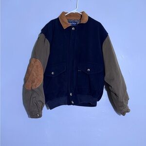 Vintage Nautical Bomber Jacket for Men, Navy Blue/Khaki with Leather Elbows